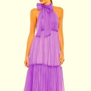 Mac Duggal Purple Orchid Bow Neck Tiered Ruffle Gown